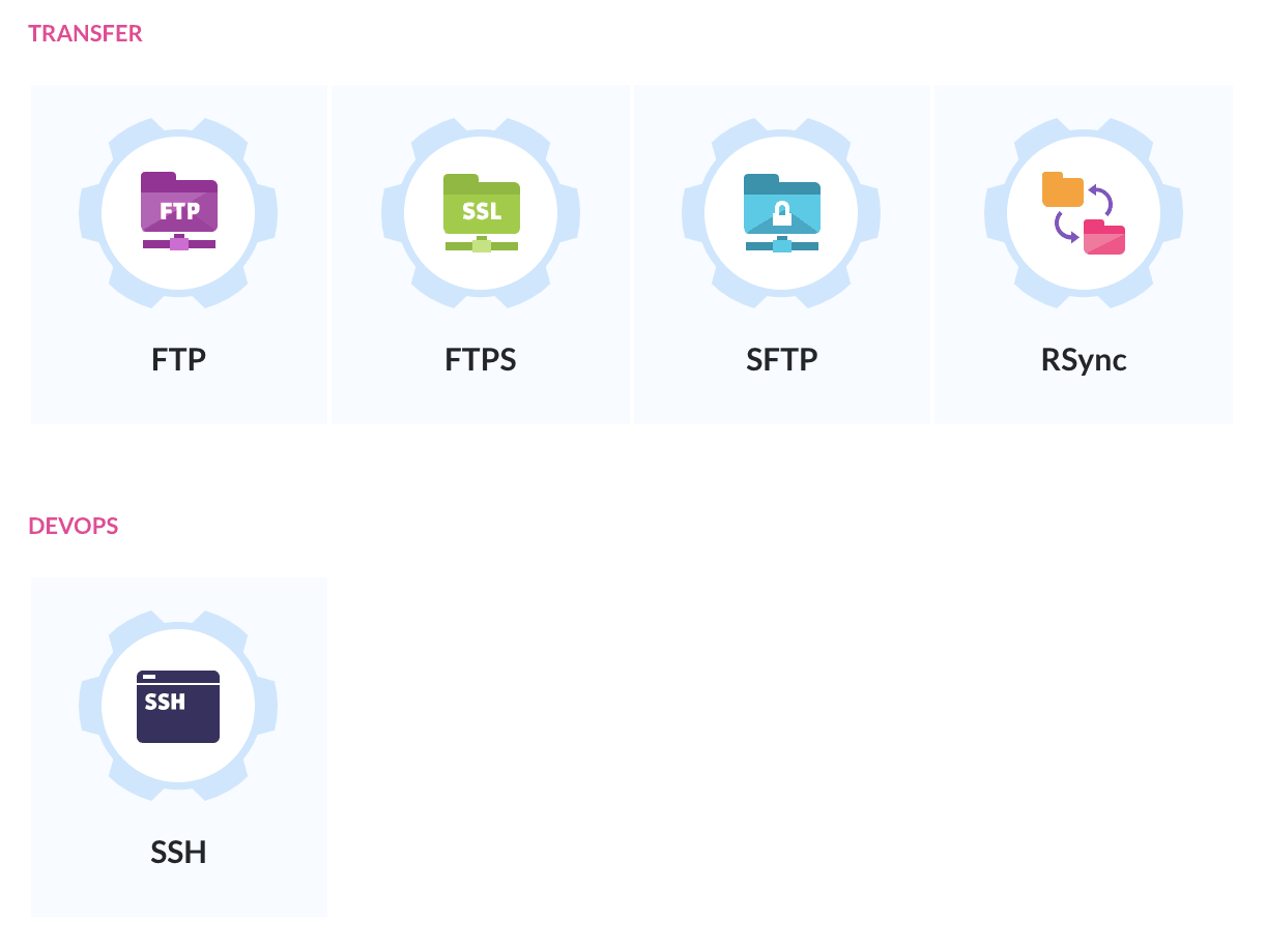 Predefiniowane akcje: FTP, FTPS, SFTP, RSync i SSH